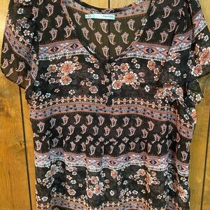 Maurices Black Floral Paisley V-Neck Blouse with Rust & Cream Accents